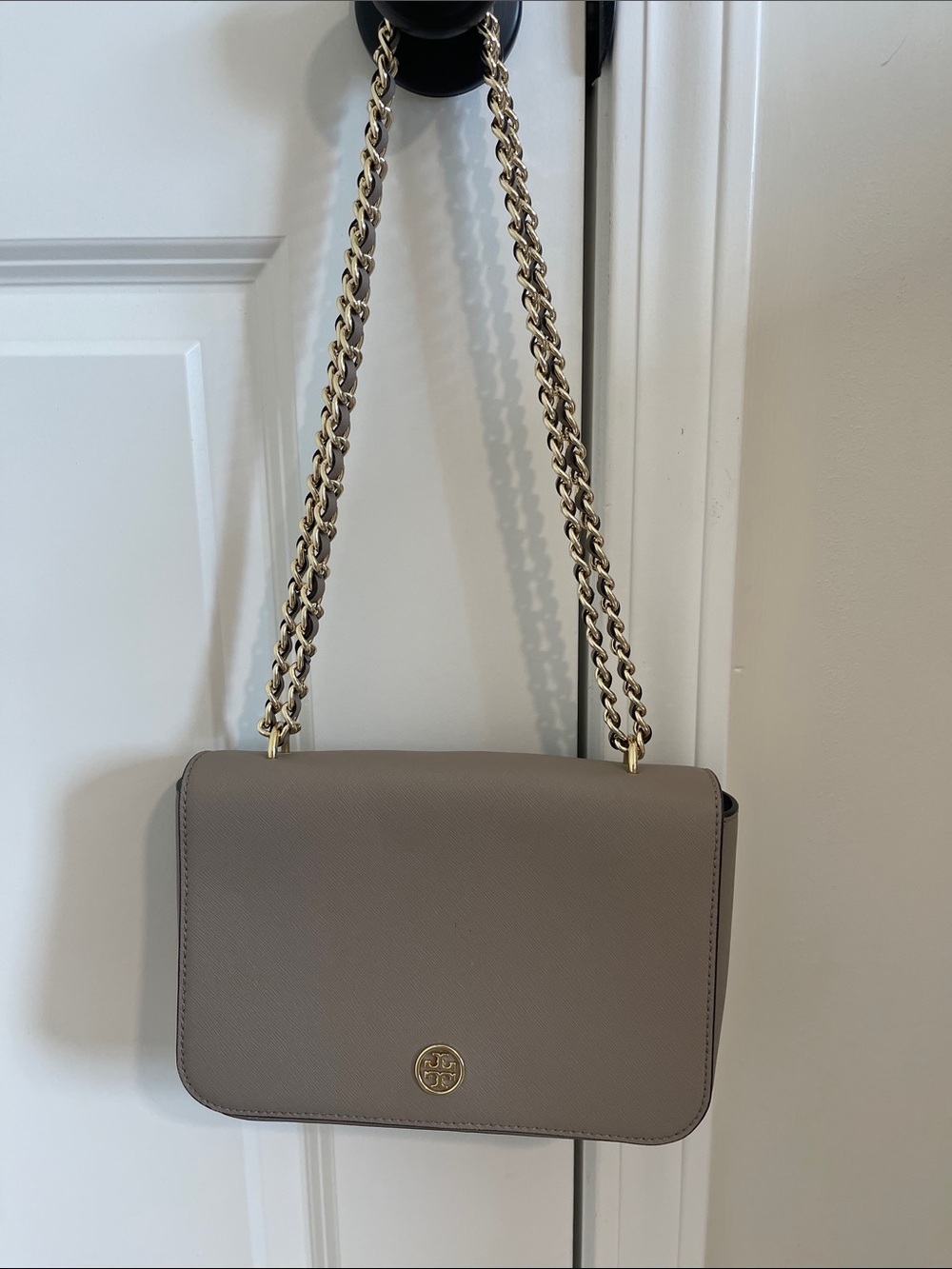 Tory Burch Taupe Leather Shoulder Bag with Gold Chain